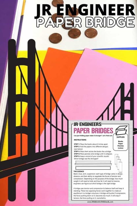 Paper Bridges STEM Challenge | Little Bins for Little Hands Bridge Stem Challenge, Stem Bridges, Bridge Challenge, Engineering Crafts, Simple Stem Challenges, Popsicle Stick Catapult, Paper Bridge, Simple Stem Activities, Science Experiments Kids Elementary