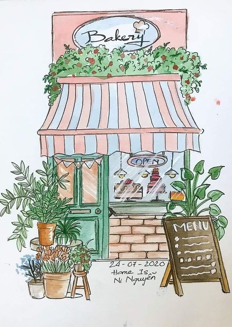 Cafe Urban Sketch, Plant Shop Drawing, Watercolor Storefronts, Bakery Drawing, Bow Tube Top, Cat Tattoo Ideas, Art Markers Drawing, Watercolor House Painting, Architecture Drawing Art