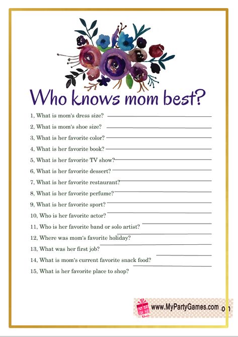 Mother Day Event Ideas, Who Knows Mom Best Questions, Mother Daughter Games Activities, Mother Daughter Question Game, Mother Day Games Ideas, Games For Mothers Day Fun, Mother’s Day Activities For Adults, Mother’s Day Games For Adults, Things To Do For Mother’s Day