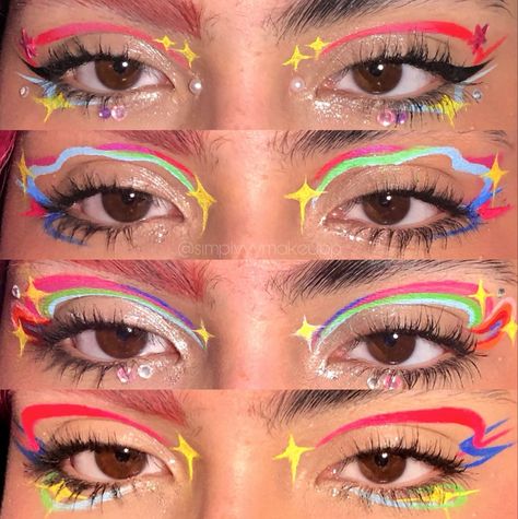 Colorful Graphic Eyeliner, Graphic Eyeliner Ideas, Uv Makeup, Hippie Makeup, Artsy Makeup, Eyeliner Ideas, Funky Makeup, Cute Eye Makeup, Face Paint Makeup