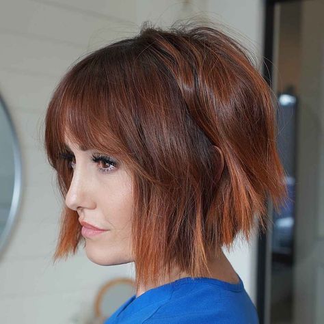 61 Best Auburn Hair Color Ideas for Every Skin Tone Short Red Brown Hair, Copper Bob With Bangs, Copper Bob, Medium Auburn Hair, Auburn Hair With Highlights, Long Bob Haircut With Layers, Light Auburn Hair Color, Red Brown Hair Color, Auburn Hair Color