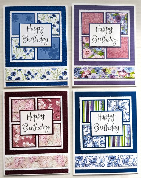 "Here's your chance to try card making with this card kit for beginners. This kit comes with all the pre-cut pieces to make 4 cards including envelopes. It features lovely floral paper in blues, pinks and purples. Each card measures 5.5\" x 4.25\" and comes with full assembly instructions. All you need is a glue stick or double sided tape. Great for completing yourself or give the entire kit as a gift. Experience the joy of giving your loved ones cards you've handmade yourself." Kristie Marcotte Cards, Big Birthday Card Ideas, Card Folds Techniques Tutorials, Mosaic Cards, Quilt Boards, Strip Cards, Designer Paper Cards, Kristie Marcotte, Inspiration Cards