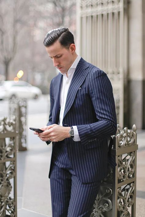 Yes, You Should Invest in a Pinstripe Suit - He Spoke Style Striped Suits Men, Colored Suits, He Spoke Style, Navy Pinstripe Suit, Every Man Should Own, Navy Suit Wedding, Charcoal Suit, Classy Suits, Basic White Tee