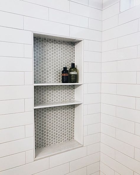 Penny Round Tile Bathroom Wall, Subway Tile Bathroom With Niche, Penny Tile Niche Bathroom, Penny Tile Large Bathroom, Grey Penny Tile Bathroom, Grey Penny Tile Shower Floor, Penny Tile And Subway Tile Bathroom, Subway Tile With Penny Tile Accent, Bathroom With Penny Tile Floor