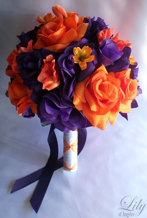 17pieces Wedding Bridal Bouquet Flowers ORANGE PURPLE Bride Orange Purple Wedding, Bouquet Accessories, Orange Bridal Bouquet, Blue Purple Wedding, Calla Lily Bridal, Bridal Wedding Bouquet, Purple Bridal Bouquet, Orange Bouquets, Orange Wedding Flowers