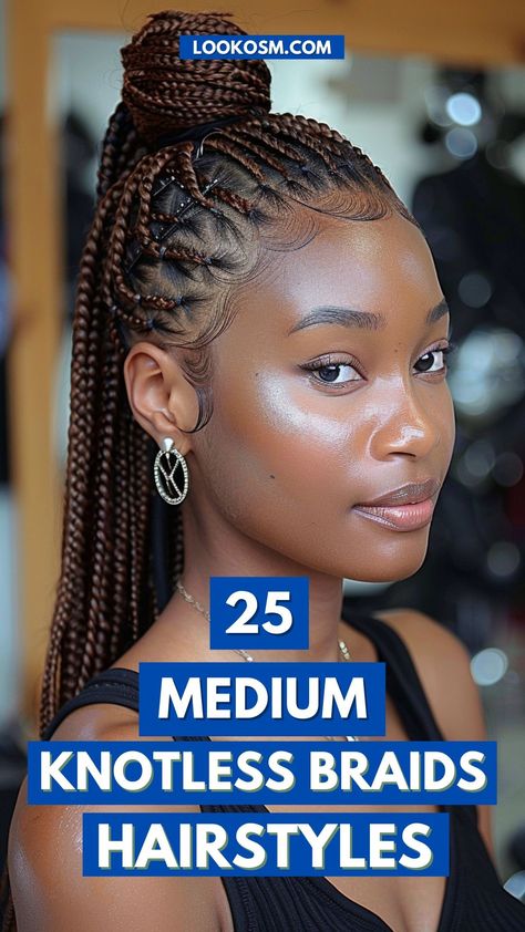 Steal the Spotlight: 25 Medium Knotless Braids Hairstyles Medium Knotless Braids Hairstyles, Long Braid Styles, Medium Knotless Braids, Knotless Braids Hairstyles, New Braided Hairstyles, Medium Knotless, Medium Hair Braids, Medium Box Braids, Braided Hairdo