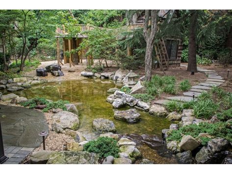 Natural Playscapes: Pond and Playground Oasis That Will Grow with the Kids-0 Pond With Island, City Backyard, Outdoor Playscapes, Natural Playscapes, Natural Swimming Ponds, Backyard Pond, Swimming Pond, Natural Pond, Natural Playground