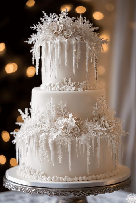 Reveal Wedding Cake, Four Tier Wedding Cakes, Christmas Theme Cake Ideas, White Birthday Cake Ideas, Sparkly Wedding Cake, Winter Theme Cake, Winter Cake Ideas, Wedding Cake Winter, Winter Wedding Cake Ideas