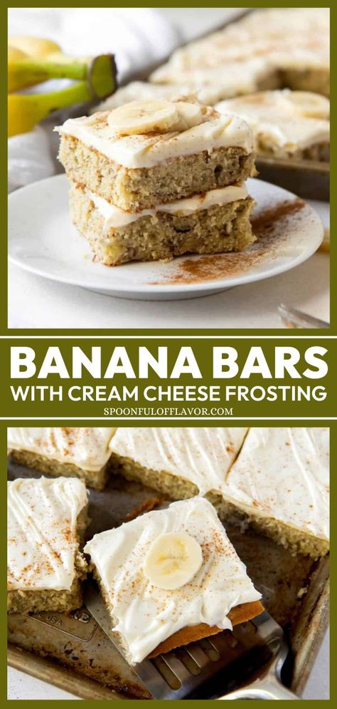 Looking for the best summer dessert? These rich and moist Banana Bars with Cream Cheese Frosting are an indulgent way to use up your overripe bananas! These dessert bars also make a great labor day party food idea! Two Overripe Banana Recipes, Banana Bread Brownies With Cream Cheese Frosting, Banana Blondies Cream Cheese Frosting, Banana Bars Cream Cheese Frosting, Banana Sweets Recipes, Banana Deserts Easy, Sheet Pan Banana Bars, Small Banana Recipes, Recipes With Rotten Bananas