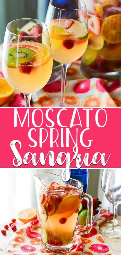 Sweet, bubbly, and aromatic, this fruity Spring Moscato Sangria is steeped in citrus, berries, and kiwi, and is perfect for any springtime get-together! Moscato Sangria Recipes, Cocktails Spring, Spring Drinks, Moscato Sangria, Best Mixed Drinks, Spring Drink, Drink Poster, Malibu Rum, Tom Collins