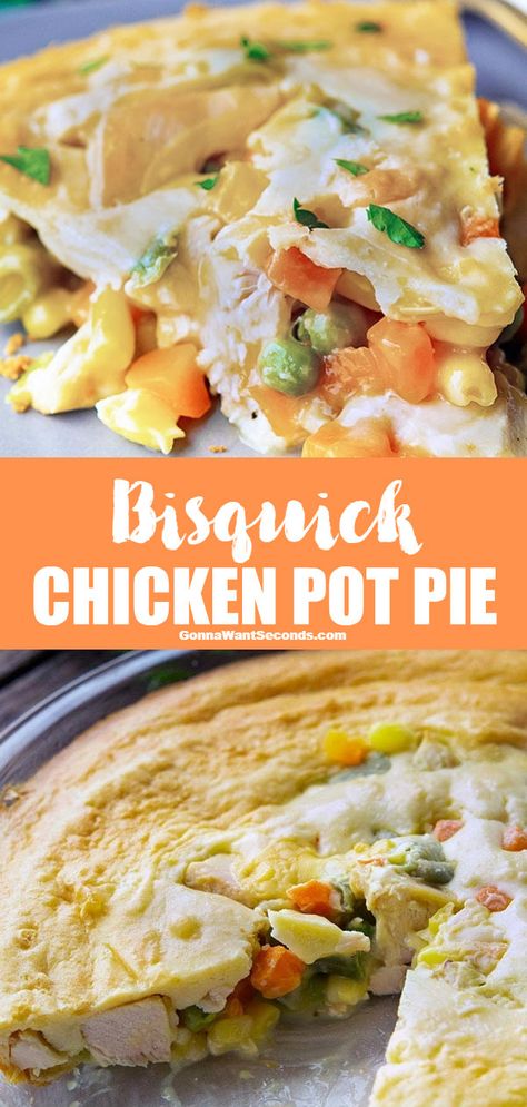 With its flaky golden crust, hot creamy insides, and tender bites of chicken, Bisquick Chicken Pot Pie will bring a smile to every face at the table. #BisquickChickenPotPie #ChickenPotPie #PotPie #ChickenPie #Bisquick #ChickenRecipes #dinnerrecipes #comfortfood #biscuitpotpie #30minutemeal #easyrecipe #familydinner Chicken Pot Pie Bisquick, Pot Pie Bisquick, Bisquick Pot Pie Recipe, Bisquick Chicken Recipes, Bisquick Recipes Dinner, Bisquick Chicken Pot Pie, Pot Pie Recipe Easy, Bisquick Chicken, Easy Chicken Pot Pie Recipe