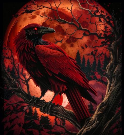 Gothic,Raven,dark Red Crow, Red Raven, Odin's Ravens, American Werewolf In London, Raven Art, Crows Ravens, Flower Art Images, Crimson Red, Creepy Art