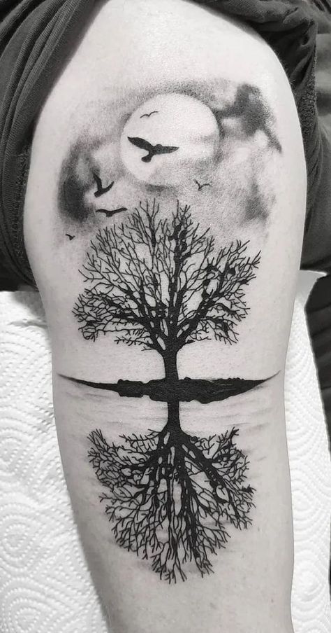 Tree with moon Tattoo - Forearm Tattoos for Men ⋆ Best Fashion Blog For Men - http://TheUnstitchd.com Tree Of Life With Moon Tattoo, Tree Reflection Tattoo, Moon Tattoo Ideas Men, Mens Moon Tattoo, Tree With Moon Tattoo, Mens Tree Tattoo, Tree Tattoos Men, Moon Tree Tattoo, In Memory Tattoos For Men