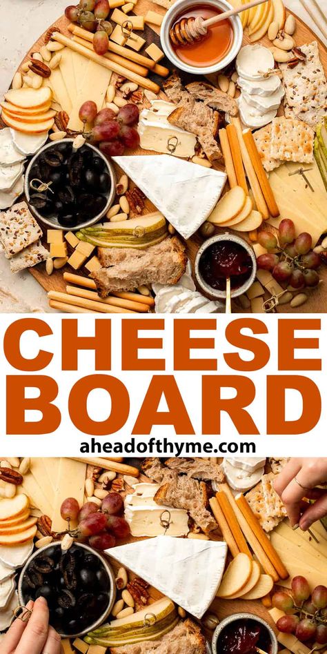 This easy Cheese Board is one of the most popular and classic appetizers you can serve at any gathering. With an assortment of cheese, bread and crackers, fresh fruit, and nuts, this spread is perfect for a dinner party, wine night, or just as a snack when you're feeling fancy. It’s also a guaranteed way to brighten up your holiday table without spending too much time in the kitchen. | aheadofthyme.com #cheeseboard via @aheadofthyme Cheese And Cracker Tray Ideas, Cheese Board Ideas Simple, Bread And Cheese Board, Easy Cheese Board, Fancy Cheese Board, Cheese And Cracker Platter, Cheese Board Easy, Party Boards, Cheese And Cracker Tray