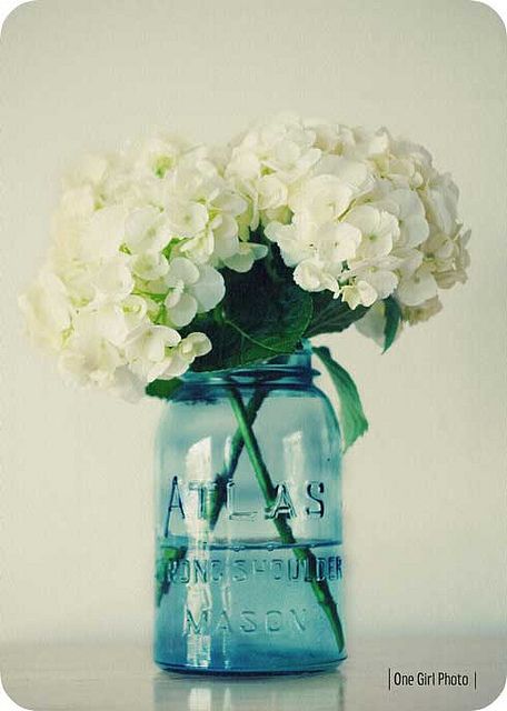 Vintage Blue Mason Jar, I also have one with hydrangeas right now! ~ Mary Wald's Place -  | Hydrangea Collection Board, Blue Mason Jars, Simple Centerpieces, Burlap Table Runners, Mason Jar Centerpieces, Flower Centerpieces Wedding, Ball Jars, Wedding Table Decorations, Diy Centerpieces