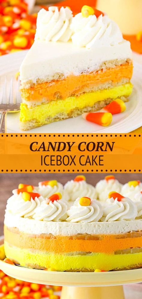 This Candy Corn Icebox Cake is such a fun, cute and tasty Halloween dessert idea! It’s completely no bake, and it’s full of delicious vanilla and buttery shortbread! Halloween Dessert Recipe, Candy Corn Cake, Candy Corn Recipe, Candy Corner, Cake Recipe Easy, Cake Halloween, Icebox Cake Recipes, Halloween Food Desserts, Buttery Shortbread