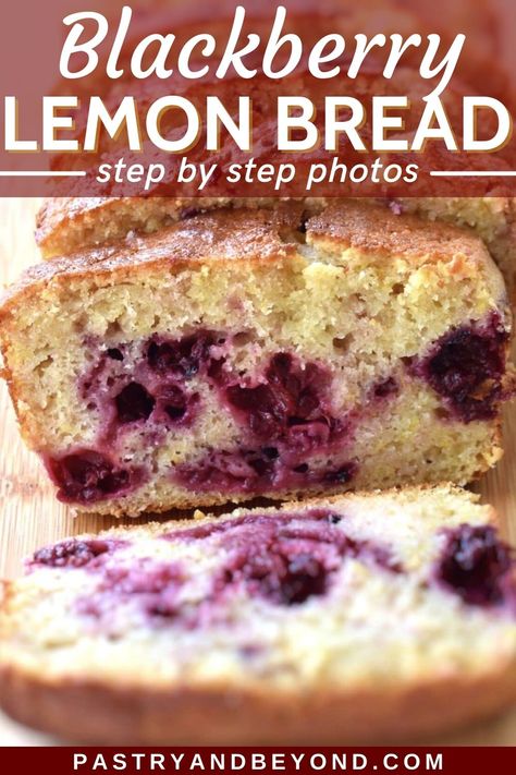 You'll love this delicious lemon blackberry bread recipe that has fresh and bright flavor. This soft and moist quick bread is perfect for breakfast but also great for tea time or snack! It is so easy to make with simple ingredients! Blackberry Lemon Bread, Blackberry Bread Recipe, Blackberry Zucchini Bread, Snack Breads, Quick Bread Rolls, Blackberry Bread, Zucchini Recipes Dessert, Recipe Album, Baked Sweets