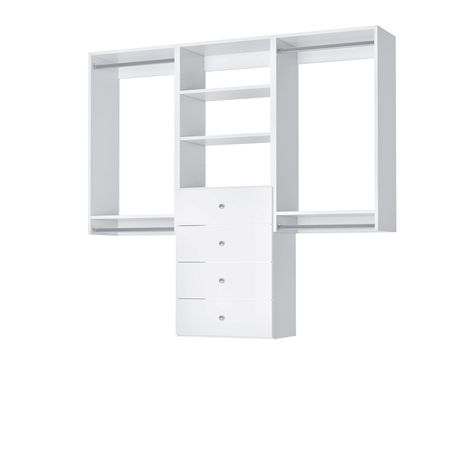 The efficient and aesthetic design of the 66" select closet kit is the ultimate combination of hanging areas, shelving, and closet drawers. Made in the USA, this closet is made of high quality eco-friendly wood and is wall-mounted with a patented cleat system, lending to a more durable life than the more common rail-type installation. With 2 double decked 19.5" hanging rods with each capable of hanging 40" long garments, 3 cupboard shelves with ample space to store your favorite accessories and Wide Closet, Built In Closet, Corner Closet, Closet Shelving, Modular Closets, Closet Kits, Rv Organization, No Closet Solutions, Cupboard Shelves