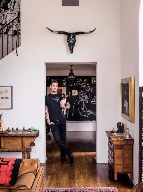 Meet Wes Lang: Kanye Collaborator, Taste God, and World's Most Badass Artist | GQ Western Interior Design, Wes Lang, Masculine Interior Design, Jazz Painting, Western Interior, Masculine Interior, Modern Western, Great Albums, Inspiring Spaces