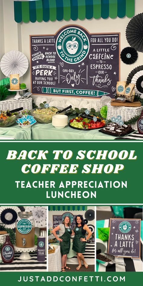 Teachers Appreciation Breakfast Ideas, Teachers Brunch Ideas, Pta Party Ideas, Teacher Welcome Back Gifts From Pto, Teacher Appreciation Bar Theme, Coffee Staff Appreciation, Teacher Back To School Breakfast Ideas, School Coffee Shop Ideas, Welcome Back Luncheon For Teachers