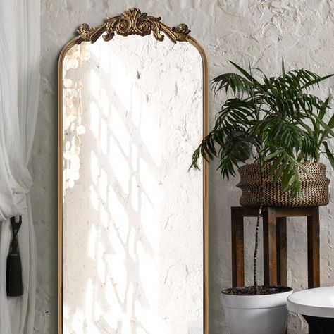 PRICES MAY VARY. Dimenson:Mirror with frame 18"X53" 1-Pack Orante French Country Style: Baroque ornate patterns pair it with vintage gold ,It doesn’t have to be just a tool for reflection，It can also be a stunning work of art in and of itself. Suitable Scene:This arched gold mirror perfectly fits wall decor and artistic display for the living room,,bedroom,bathroom,hallway,entryway,Along a Staircase decor.. High Quality: 4MM thickness HD mirror to achieve high-definition 1:1 imaging. Equipped wi Anthropology Mirror Living Room, Vintage Arched Mirror, Tall Gold Mirror In Bedroom, Vintage Mirror Wall Decor Bedroom, Oversized Mirror Bedroom, Arch Mirror Decor Living Room, Tall Gold Mirror, Anthropology Mirror, Gold Mirror Bedroom