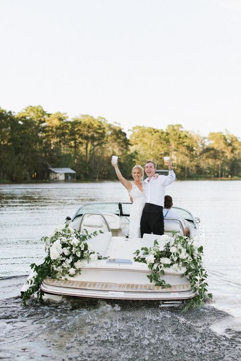 Lake House Wedding Weekend, Intimate Beach Ceremony, Wedding Getaway Boat, Lake Reception Ideas, Getaway Boat Wedding, Small Boat Wedding Ideas, Boat Getaway Wedding, Wedding On The Lake Ideas, By The Water Wedding Ideas