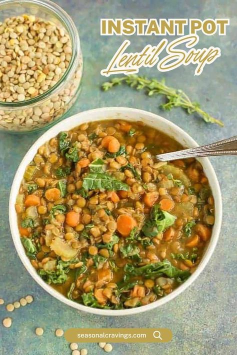 A hearty and delicious meal, this Instant Pot Lentil Soup is simple enough to serve on busy weeknights and fancy enough for a tasty weekend dinner. This healthy, filling, warming, and delicious comfort food comes together quickly in your pressure cooker. Instant Pot Curry Lentil Soup, Green Lentil Recipes Instant Pot, Sausage Lentil Soup Instant Pot, Green Lentil Soup Instant Pot, Instant Pot Rice And Veggies, Pressure Cooker Lentil Soup, Instapot Lentil Recipes, Vegetarian Instant Pot Soup, Instapot Lentil Soup