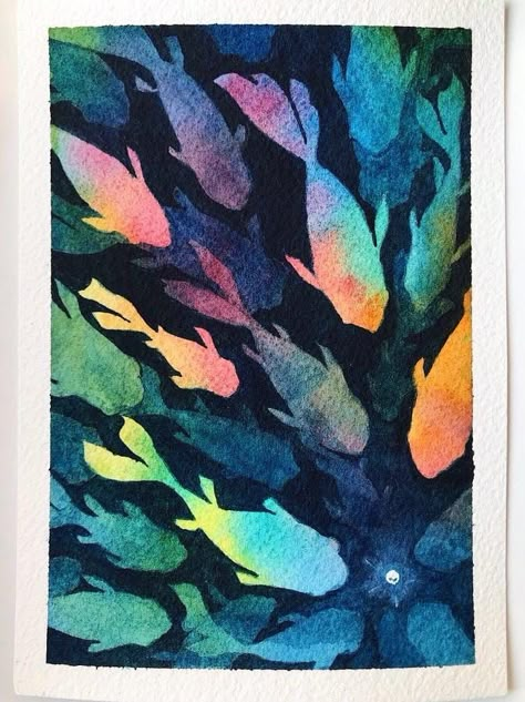 The light and the fishes | Skillshare Student Project Watercolor Negative Painting, Visual Art Lessons, Negative Painting, Modern Watercolor Art, High School Art Projects, Fish Artwork, Art Tutorials Watercolor, Watercolor Fish, Space Painting