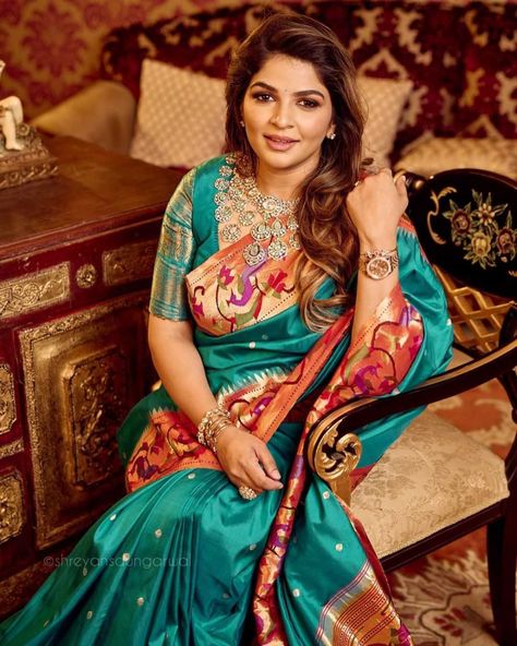 Label Vida Blouse, Radhika Jewellers, Half Saree Designs South Indian, Label Vida, Viranica Manchu, Turquoise Saree, Bridal Sarees South Indian, Wedding Saree Blouse, Paithani Saree