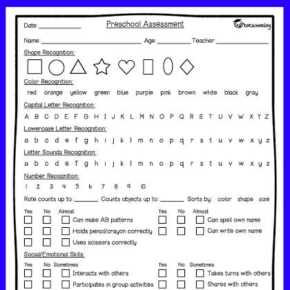 Free Preschool Assessment Form + Mother Goose Time Preschool Curriculum Review Preschool Evaluation Free Printable, Assessment For Preschool, Pre K Evaluation Preschool Assessment, Prek Assessment Checklist, Prek Assessment, Preschool Checklist Assessment Early Childhood, Preschool Forms, Preschool Assessment Forms, Parent Teacher Conference Forms