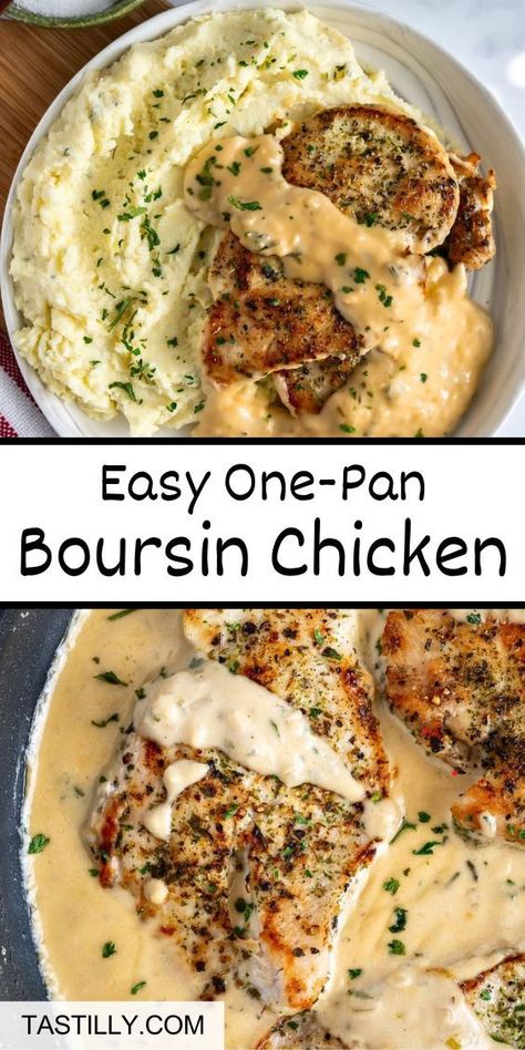 You can make an easy-prep gourmet meal that tastes like it came out of a French restaurant in about 30 minutes. This One-Pan Boursin Chicken recipe is elegant and the sauce can be used over steak or fish too. Creamy Boursin cheese is the heart of this dish! Boursin Chicken, Boursin Cheese Recipes, Season Recipes, Boursin Cheese, French Restaurant, Chicken Dishes Recipes, Poultry Recipes, Chicken Dinner Recipes, Chicken Breast Recipes