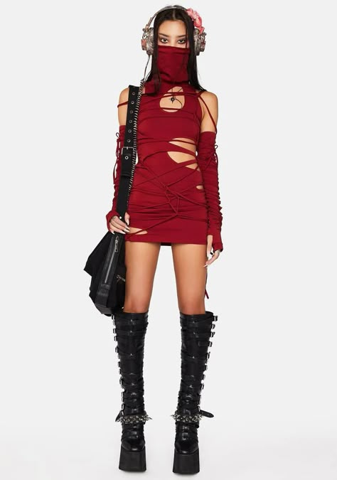 Red Festival Outfit, Red Rave Outfit, Fishnet Tops, Rave Fit, Rave Outfits Edc, Rave Looks, Dark Red Dresses, Rave Fits, Burning Man Fashion