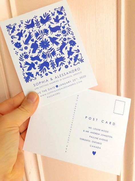 Love these Otomi Wedding Invitation, Miami Save The Date, Wedding Invite Postcard, Graphic Save The Date, Wedding Pattern Design, Blue And White Save The Date, Post Card Save The Dates, Postcard Back Design, Postcard Design Ideas Creative