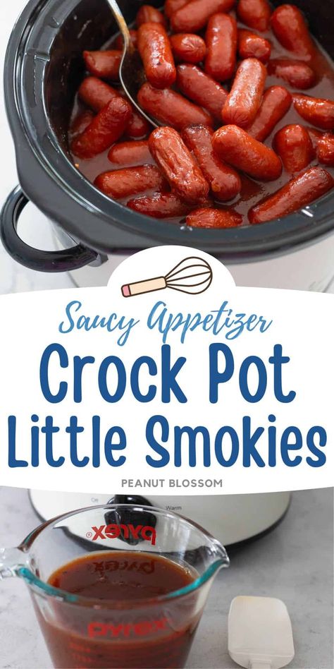 Savory bite-sized sausages in a sweet and tangy sauce with just a hint of heat. Keep these cocktail sausages warm in a slowcooker on your party table for hours. Spell Recipes, Crockpot Little Smokies, Hot Lunches, Little Smokies Recipes, Smokies Recipe, Little Smokies, Slow Cooker Appetizers, Cocktail Sausages, Crockpot Appetizers