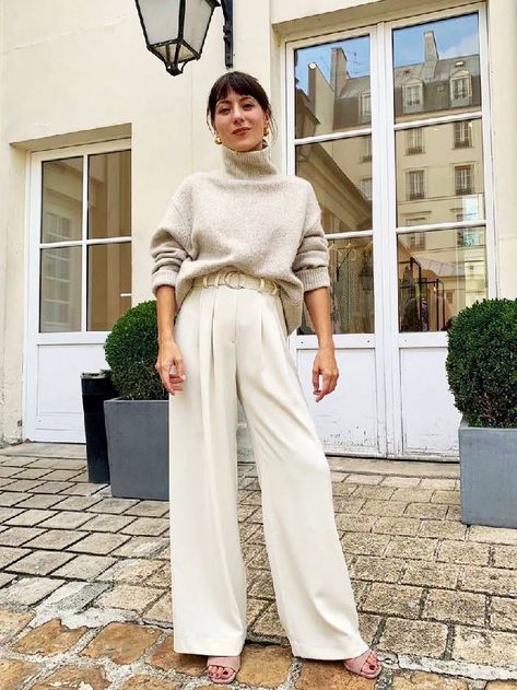 These Are the 7 Items Making It Easier for Me to Get Dressed This Autumn Wide leg pants Cream Trousers Outfit, Cream Pants Outfit, Cream Wide Leg Trousers, Office Wear Outfit, Wide Leg Trousers Outfit, Wide Leg Pants Outfit, Cream Outfits, Trousers Outfit, Winter Pants Outfit