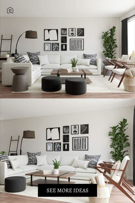 A chic mid-century modern living room design idea in the black and white palette. Black White And Grey Living Room, Living Room Design Black, Modern Living Room Black, Ivory Living Room, Black And White Living Room Decor, Black And White Palette, Modern White Living Room, White Living Room Decor, Black And White Living Room