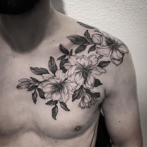 Floral Tattoo Background, Chest To Back Tattoo Men, Magnolia Neck Tattoo, Magnolia Chest Tattoo, Magnolia Tattoo Men, Flower Shoulder Tattoo Men, Mens Floral Chest Tattoo, Floral Chest Tattoo Men, Floral Tattoos Men