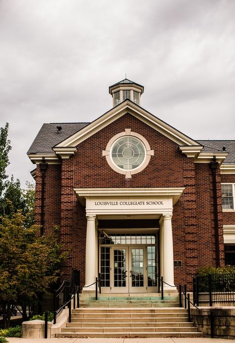 a traditional brick building with columns High School Architecture, High School In America, Elementary School Architecture, Boarding School Aesthetic, Private High School, School Building Design, School Elementary, Throwback Photos, Architecture School