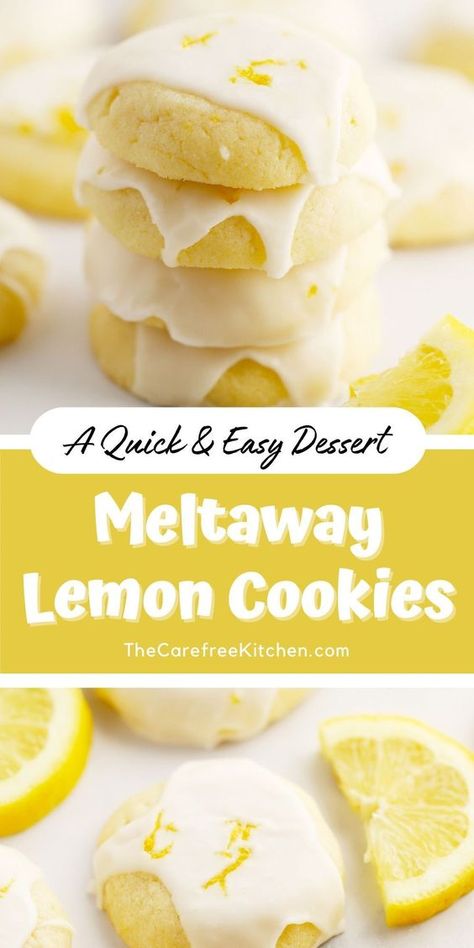 Easy Summer Dessert! These quick and easy Lemon Meltaway Cookies are so tender that they literally melt in your mouth. They’re topped with a tart and creamy lemon glaze that makes them completely irresistible. Meltaway Cookies Recipe, Lemon Meltaway Cookies, Italian Lemon Cookies, Lemon Cookies Easy, Meltaway Cookies, Easy Summer Dessert, Cookie Recipes Chewy, Perfect Sugar Cookies, Lemon Cookies Recipes