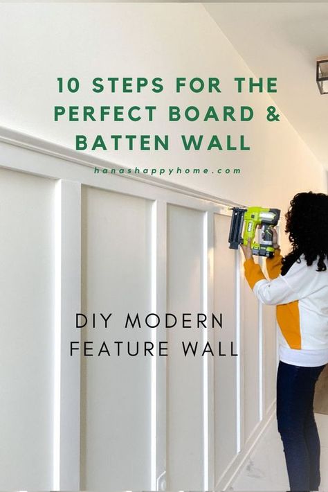 10 steps for the prefect DIY board and batten accent wall. Learn how to measure and cut this modern feature wall. This is a perfect project that even a beginner can learn with this tutorial Board And Batten With Picture Ledge, Hallway Board And Batten, Accent Wall Hallway, Board And Batten Hallway, Board Batten Wall, Diy Board And Batten Wall, Board And Batten Accent Wall, Batten Accent Wall, Long Narrow Living Room