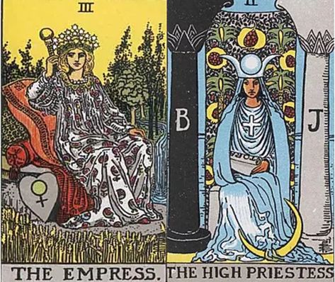 Tarot Cards Combinations: The Empress and High Priestess Mars Moons, Empress Tarot Card, Empress Tarot, Tarot Book, Tarot Meanings, Rider Waite Tarot, High Priestess, Tarot Learning, High Priest