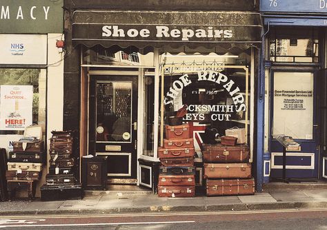 Shoe repairs / Edinburgh   Katratziphoto * Macys Shoes, Shoe Repair Shop, Shoe Store Design, Shop Signage, Store Image, Shop Illustration, Old Shoes, Shop Fronts, Shoe Repair