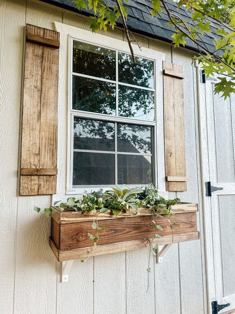 She Shed DIY Flower Boxes - Itty Bitty Farmhouse Shed With Flower Boxes, Window Garden Boxes, Window Boxes On Mobile Home, Diy Window Flower Boxes, Shed Window Boxes, Flower Boxes Window, Window Box Diy, Diy Window Boxes, Flower Window Boxes