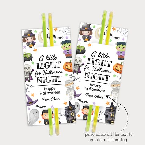 When black cats prowl and pumpkins gleam, it's Halloween! Celebrate the spooky season with custom glow stick tags perfect to add to Halloween goodie bags or use as class gifts. + Includes editable template for 2 1/2" x 5" gift tags that print 6 per 8 1/2" x 11" page or a singe 2 1/2"x 5" jpg tag that can be used over and over+ All text on template are editable using Canva. You can change font style, color, size, delete text blocks and more. How It WorksAfter purchase you will receive an email with a link to download instructions and links to your editable Canva template. Canva is an online design site that is free to use. If you do not have a Canva account you will need to sign up for a free account in order to save and edit your work. Links are included for templates for a single jpg 2 1/ Candy Free Halloween Goodie Bags, Halloween Gifts For Classroom, Halloween Party Gifts For Kids, Glow Stick Halloween Treats, Halloween Gifts For Preschoolers, Halloween Glow Stick Printable Free, Halloween Gift Tags For Kids, Hand Sanitizer Gift Tag Free Printable, Halloween Gifts For Classmates