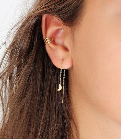 Minimalist Ear Cuff, Tiny Jewelry, Unique Studs, Earring Styles, Threader Earrings Gold, Earrings Moon, Stud Earrings Unique, Gold Ear Cuff, Silver Ear Cuff