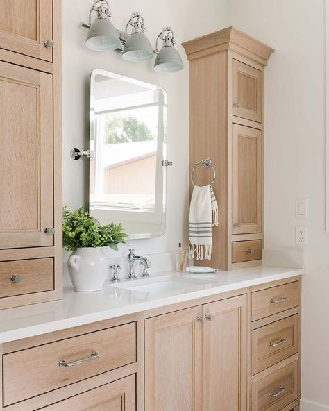 white oak, white oak cabinets, simple bathroom, farmhouse bathroom, modern bathroom, elegant bathroom, wood cabinets, wood bathroom, silver handles, square mirror, bathroom organization, bathroom inspo, bathroom design, Oak Bathroom Cabinets, Oak Bathroom Vanity, Master Bath Shower, Vanity Cabinets, Oak Bathroom, Primary Bath, Bathroom Design Trends, Bedrooms Decor, Master Bath Remodel