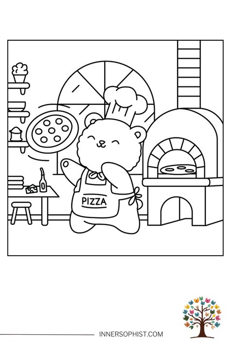 Bear Pizza Chef Coloring Page Coco Wyo Coloring Pages Printable, Kitchen Coloring Pages, Bear Pizza, Pizza Coloring Page, Bear Coloring Page, Coco Wyo, Hot Pizza, Baked Pizza, Colouring Pictures