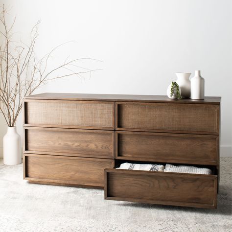 Crafted with the finest materials, this contemporary 6-drawer wood dresser is a design investment. Its timeless, quality wood construction features a luxurious natural finish that highlights its clean lines, as well as the defined frame on each drawer. Natural Wood Dresser, Dresser Design, Wooden Dresser, Wood Dresser, Bedroom Furniture Dresser, Double Dresser, Modern Dresser, 6 Drawer Dresser, Bedroom Dressers