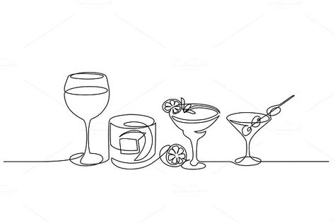 Glasses of alcohol drinks one line by Valenty on @creativemarket Drawing Bottle, Ice Vector, Glass Of Whiskey, Art Abstrait Ligne, One Line Tattoo, Minimalist Drawing, Line Photo, Contour Drawing, Alcohol Drinks