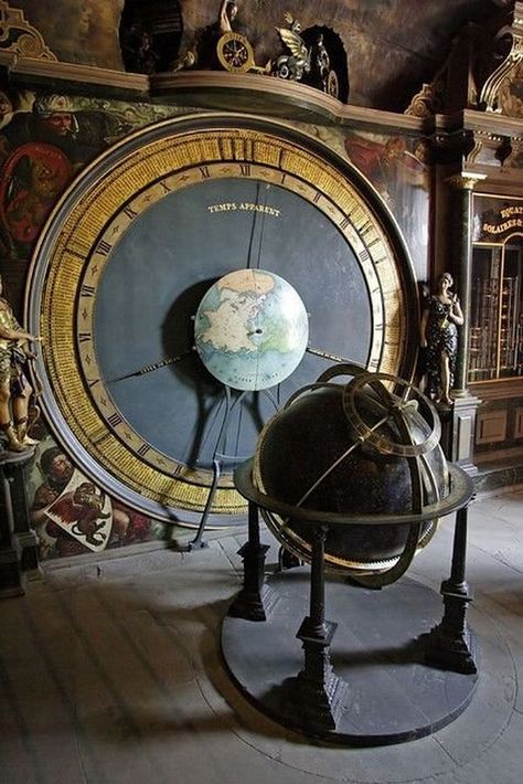 Love the combination of globe and huge dial. Definitely a fabulous steampunk setting. #steampunkdecor Décor Steampunk, Steampunk Kunst, Steampunk Interior, Celestial Aesthetic, Steampunk Costumes, Scientific Instruments, Steampunk Tendencies, Armillary Sphere, Steampunk House